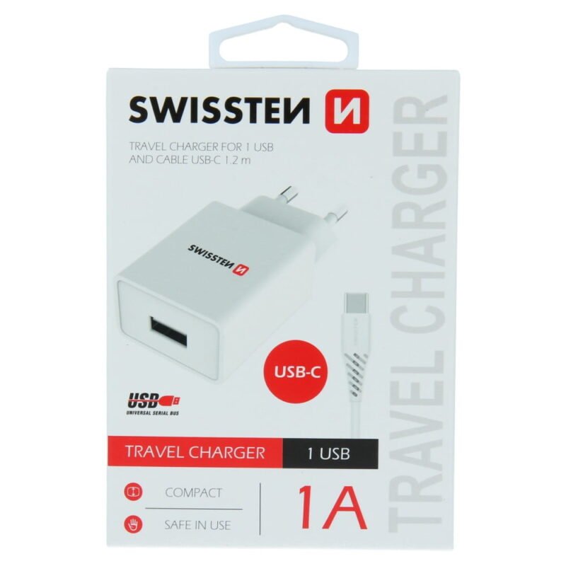 Swissten 1A Travel Charger - 22063000 + Type-C USB Cable - Blanc