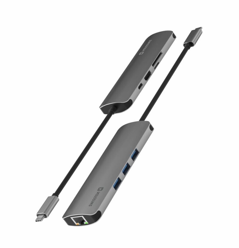 Swissten USB-C Hub 8 in 1 - 44040103 - (USB-C PD, HDMI 4K, LAN RJ45, 3x USB 3.0, SD, Micro SD) Aluminium