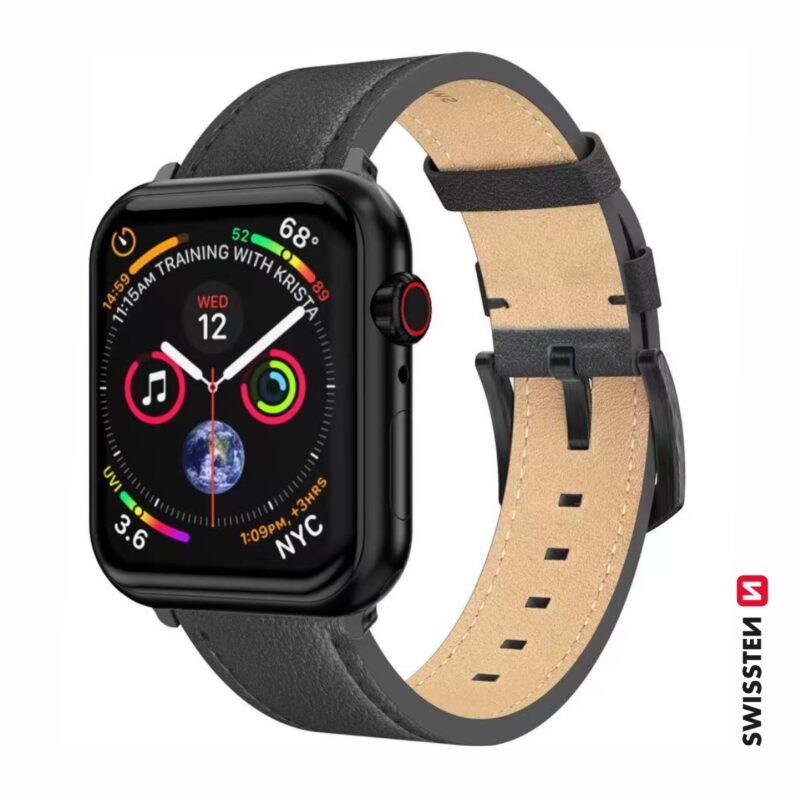 Swissten Apple Watch 42-49mm Leather Band - 46000811 - Noir Buckle - Noir
