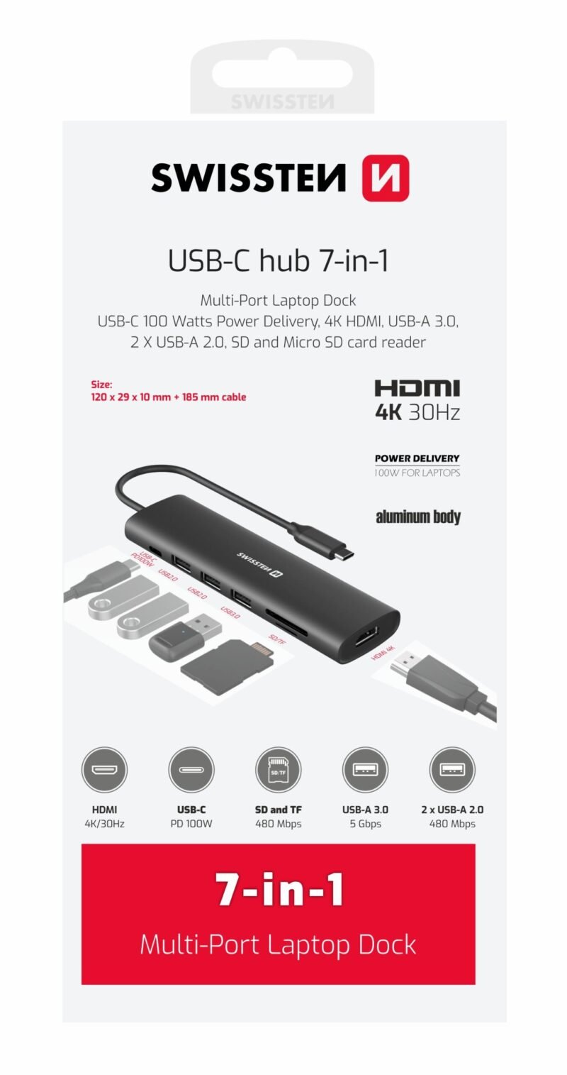 Swissten 7-in-1 USB-C Hub - 44040202 - With USB-C 100W, HDMI 4K, 1x USB-A 3.0, 2x USB-A 2.0, SD, MICRO SD