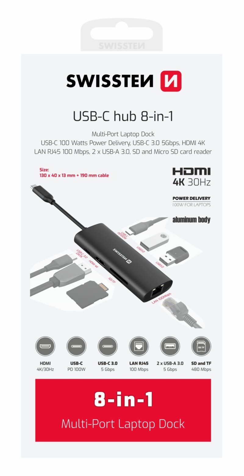 Swissten 8-in-1 USB-C Hub - 44040203 - With USB-C 100W, HDMI 4K, LAN RJ45, 2x USB-A, 1x USB-C 5GBps, SD, MICRO SD