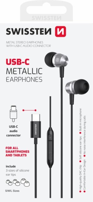 Swissten USB-C Metallic Earphones - 51109100 - 1.2m - Black