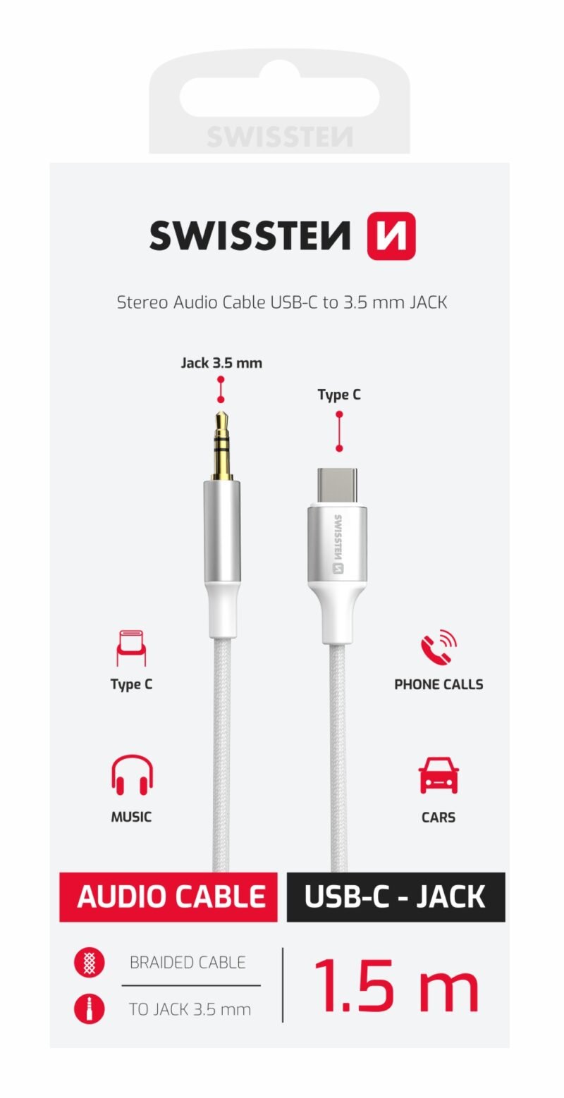 Swissten Textile Adaptateur audio Jack 3,5 mm (mâle) vers USB-C - 73502310 - 1,5 mètre - Blanc